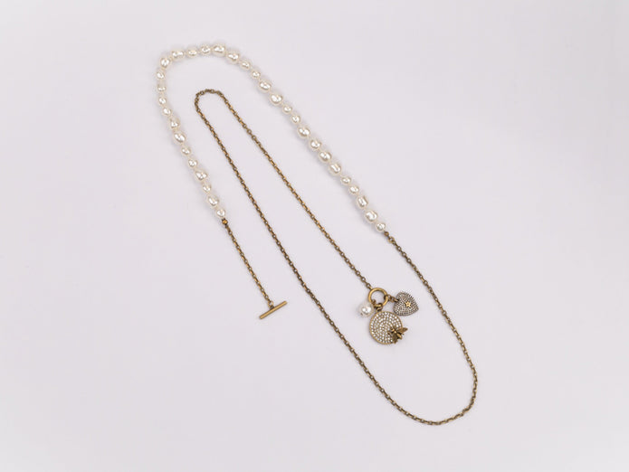 Rustic copper and pearl dragonfly and charms long chain