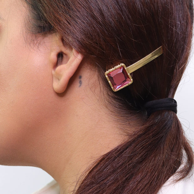 Gold-Plated Hair Pin with Ruby Pink Stone