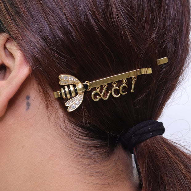 Gold-Plated, black and gold stripe bee hair pin with alphabet charms