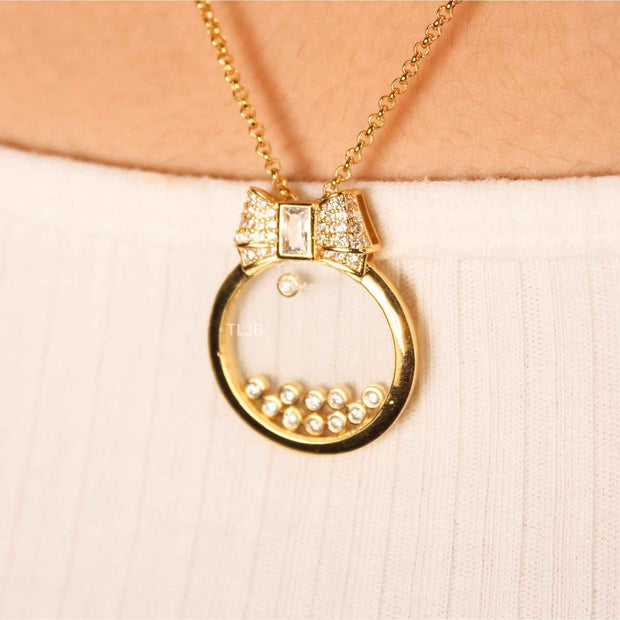 gold bow ringed happy diamond necklace CHPRD