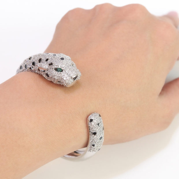 Panther cz platinum bracelet with emerald green stones