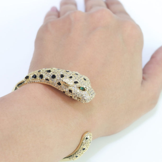 Panther cz gold bracelet with emerald green stones