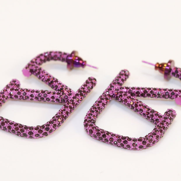 Alphabet V purple cz rectagular hoops 45 mm