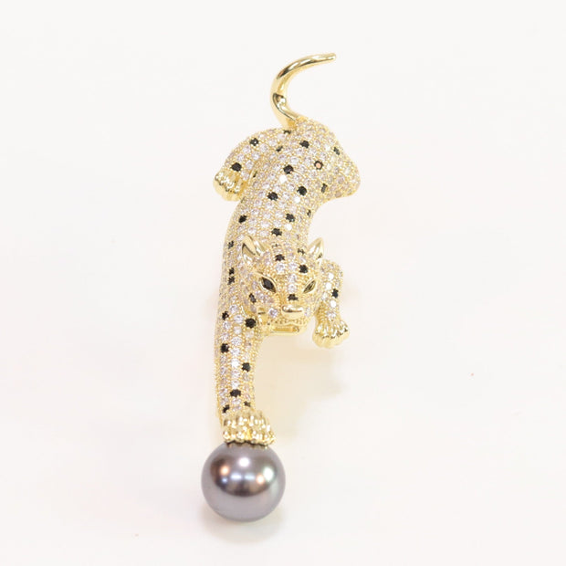 Gold panther with grey pearl and cz brooch