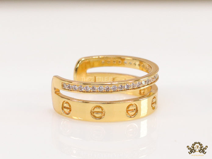 Double layered gold finish open ring with screws and cz