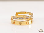 Double layered gold finish open ring with screws and cz