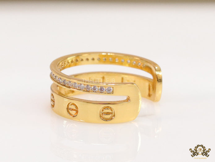 Double layered gold finish open ring with screws and cz