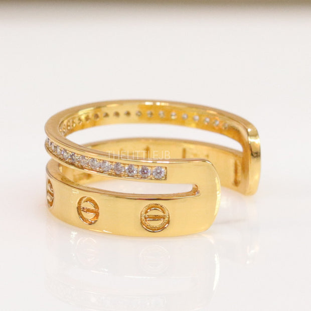 Double layered gold finish open ring with screws and cz