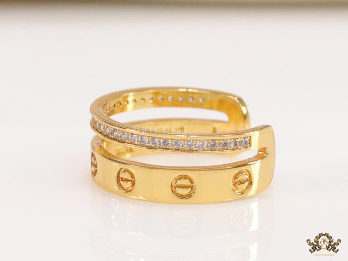 Double layered gold finish open ring with screws and cz