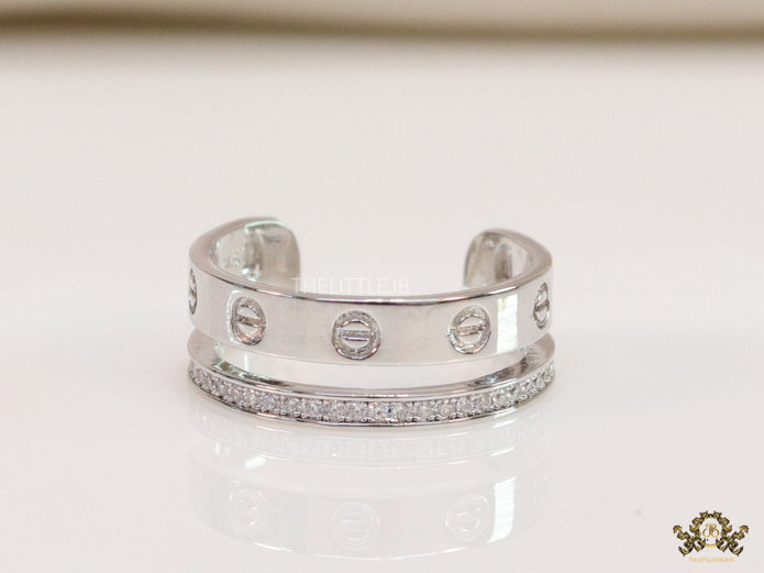 Double layered platinum plated finish open ring with screws and cz
