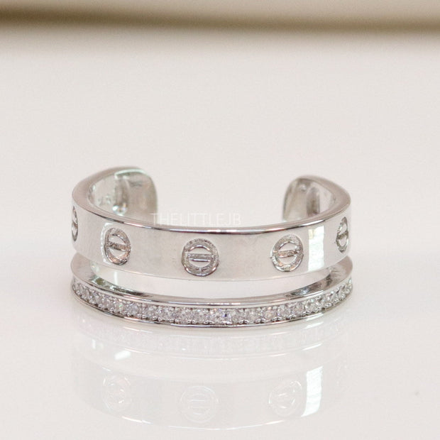 Double layered platinum plated finish open ring with screws and cz