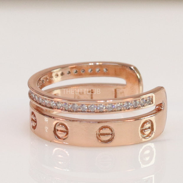 Double layered rose gold finish open ring with screws and cz