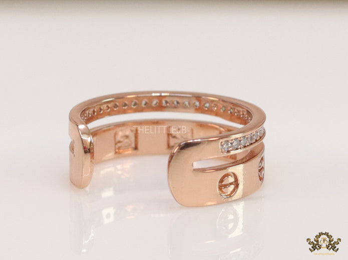 Double layered rose gold finish open ring with screws and cz