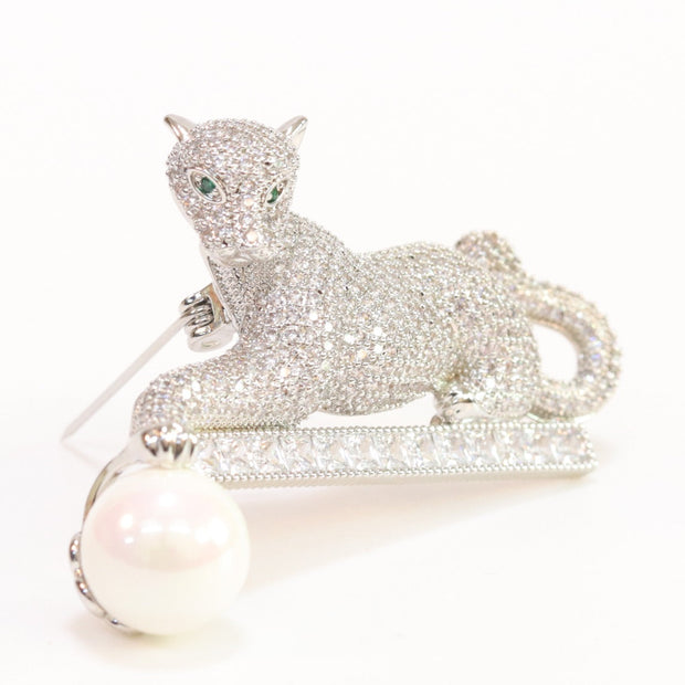 Platinum panther with white pearl, cz and emerald stones brooch