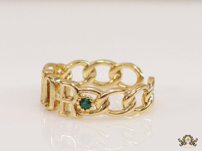 Gold plated alphabet open ring with green cz
