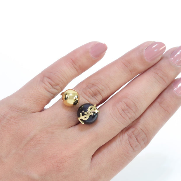 Alphabet gold open ring with black pearl