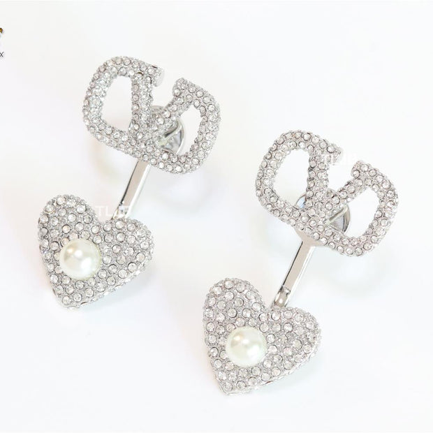 Open V detachable heart earrings - platinum