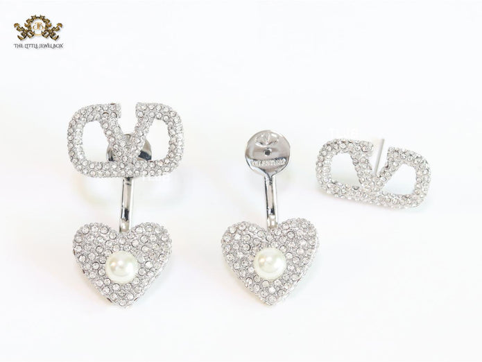 Open V detachable heart earrings - platinum