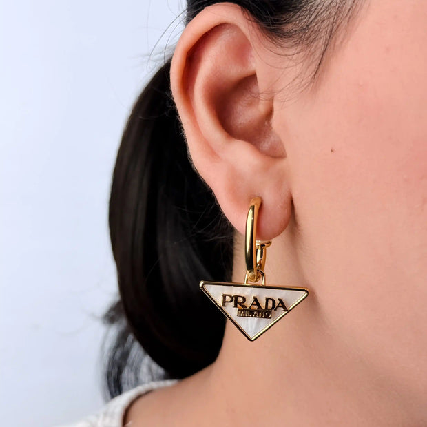 Gold Triangle Logo Drop Hoop Earrings
