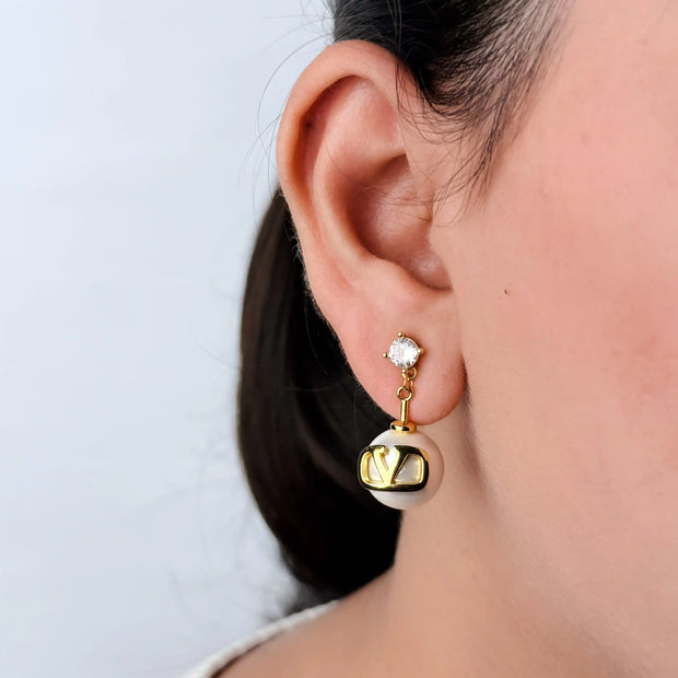 Alphabet V Pearl Drop Earrings