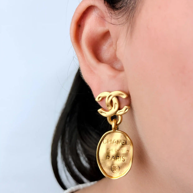 Gold double C Logo Drop Earrings with Paris Charm