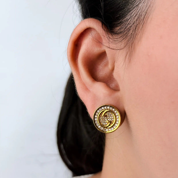 Gold Round Crystal Stud Earrings