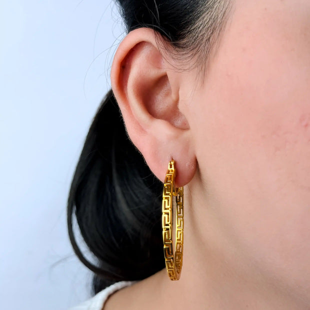 Gold Greek Key Pattern Hoop Earrings