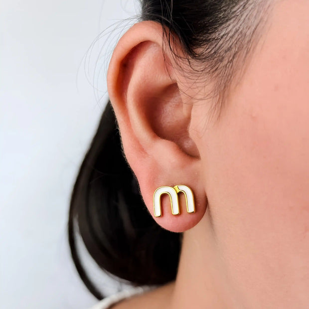 White Alphabet M Stud Earrings