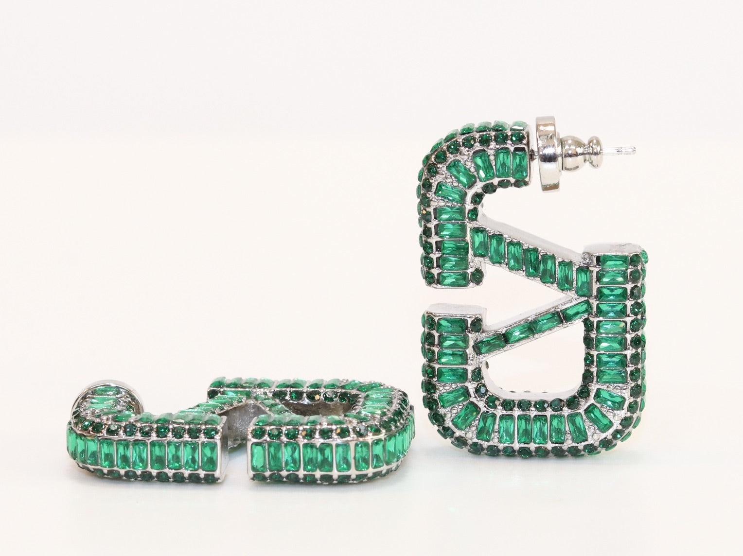 Alphabet V green Stone studded hoops