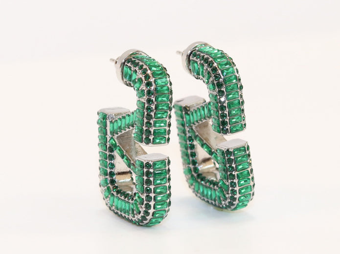 Alphabet V green Stone studded hoops
