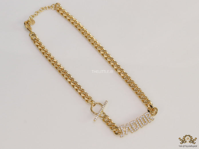 Chunky link chain necklace with cz alphabets