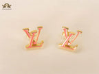 Alphabet LV Pink Enamel Stud Earrings
