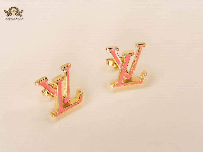 Alphabet LV Pink Enamel Stud Earrings