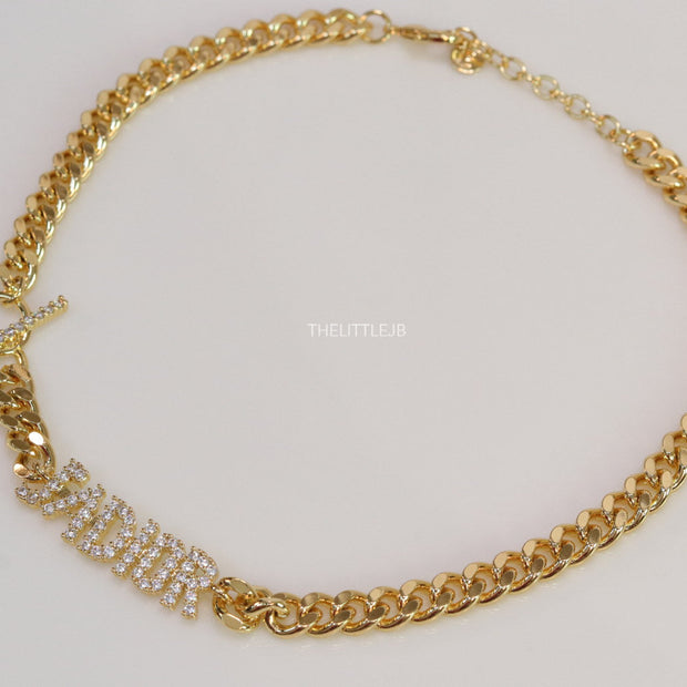 Chunky link chain necklace with cz alphabets