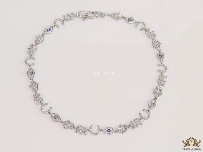 Choker style necklace with charms in platinum finish