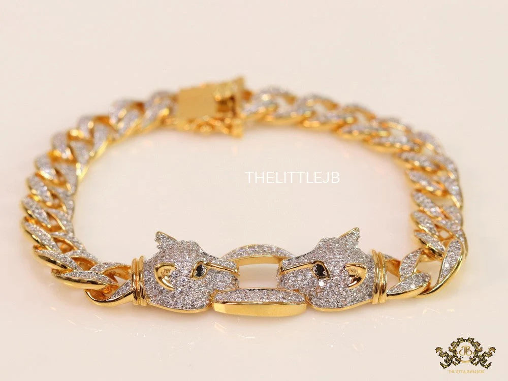 Men's dual plated cuban chain bracelet with cz panther motif