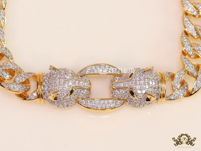Mens dual plated cuban chain bracelet with cz panther motif