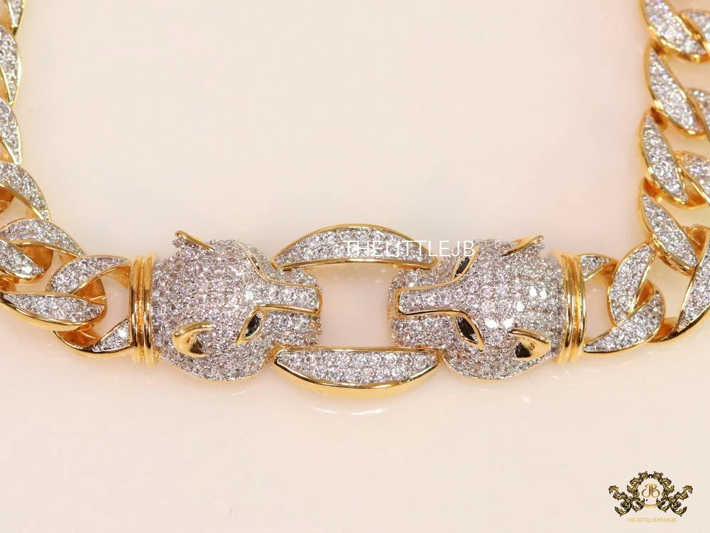 Men's dual plated cuban chain bracelet with cz panther motif