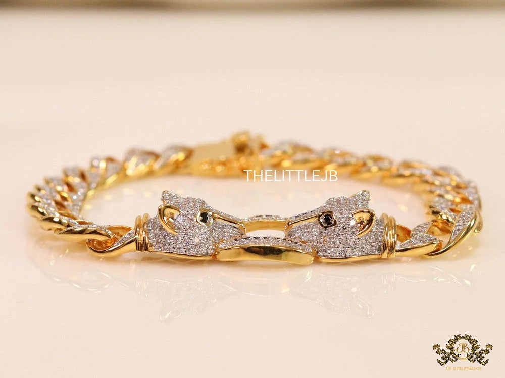 Men's dual plated cuban chain bracelet with cz panther motif