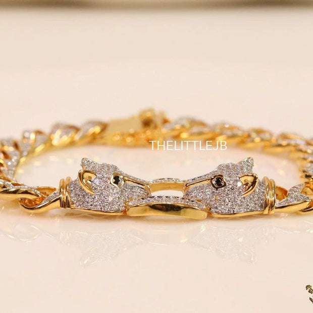 Mens dual plated cuban chain bracelet with cz panther motif