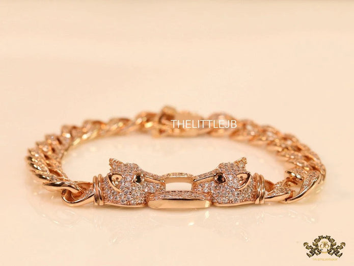 Men's Rose Gold plated cuban chain bracelet with cz panther motif