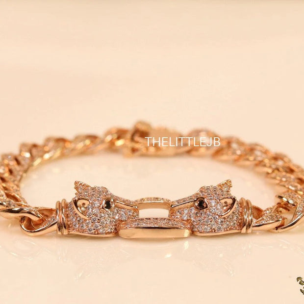 Mens Rose Gold plated cuban chain bracelet with cz panther motif