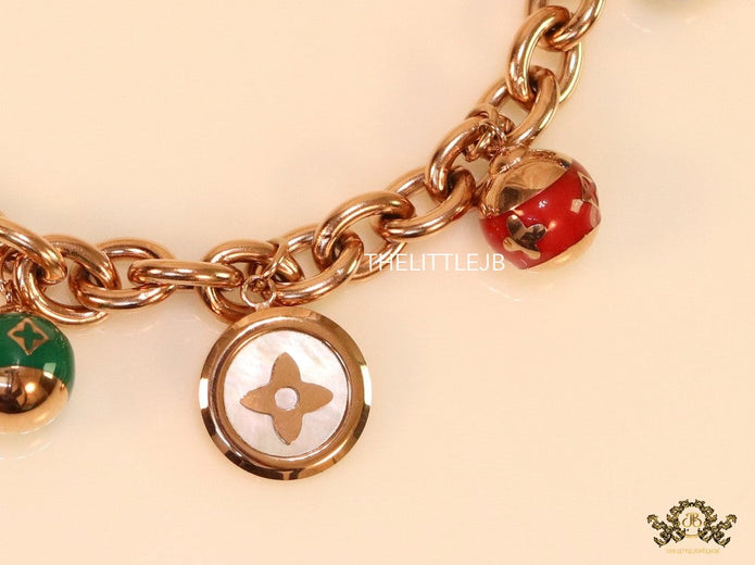 Rose gold plated link chain bracelet with multi enamel and MOP charms