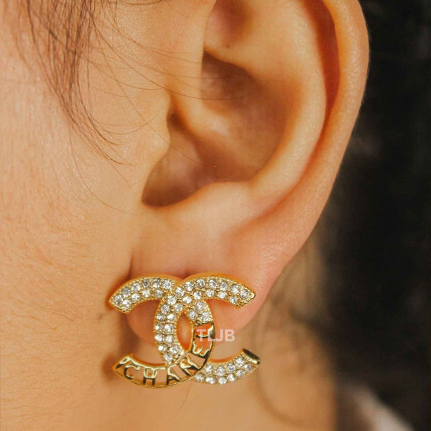 Double C Gold Crystal Stud Earrings