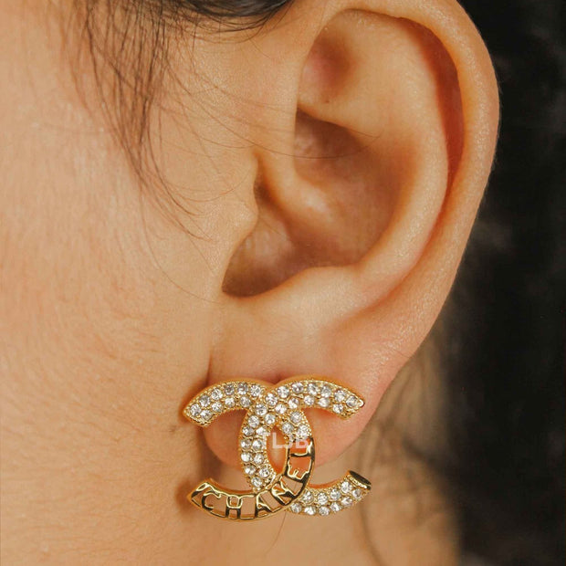 Double C Gold Crystal Stud Earrings