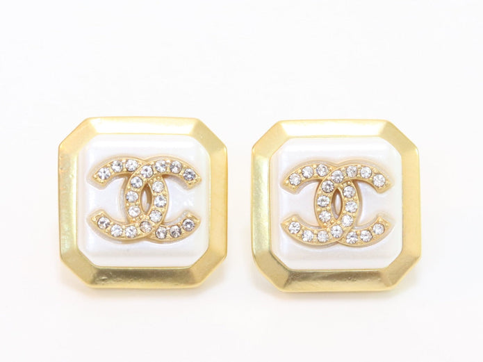 Square white enamel Double C gold earrings
