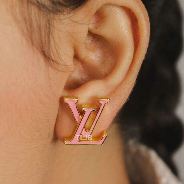 Alphabet LV Pink Enamel Stud Earrings