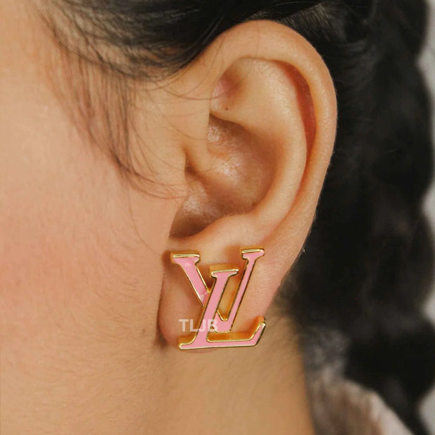 Alphabet LV Pink Enamel Stud Earrings