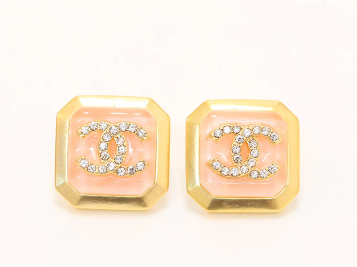 Square pink enamel Double C gold earrings