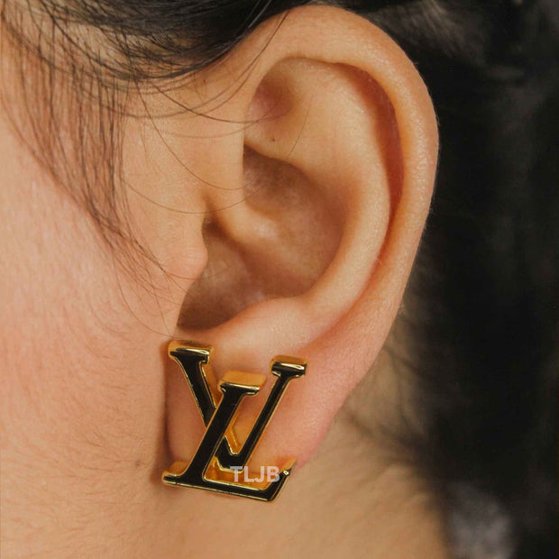 Alphabet L&V Gold Black Stud Earrings